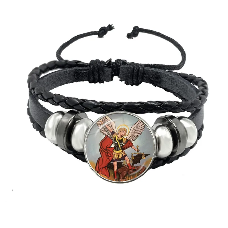 Amulet Symbol Bracelet Archangel St.Michael Protect Me Saint Shield Glass Time Gem Russian Orhodox Black Woven Bangles for Men