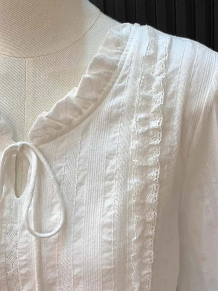 Ele White Lace Trim irt Damen Faionable Herbst Winter Top French Sle Slim Fit Long Sve Pure Color Girl's irt