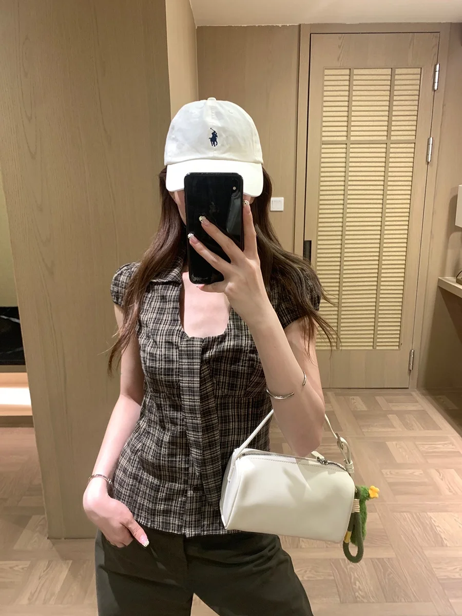 

Женская приталенная рубашка в клетку с V-образным вырезом и коротким рукавом, в деловом стиле, с завязками на талии, Zero Degree Soda Cafe Griselda