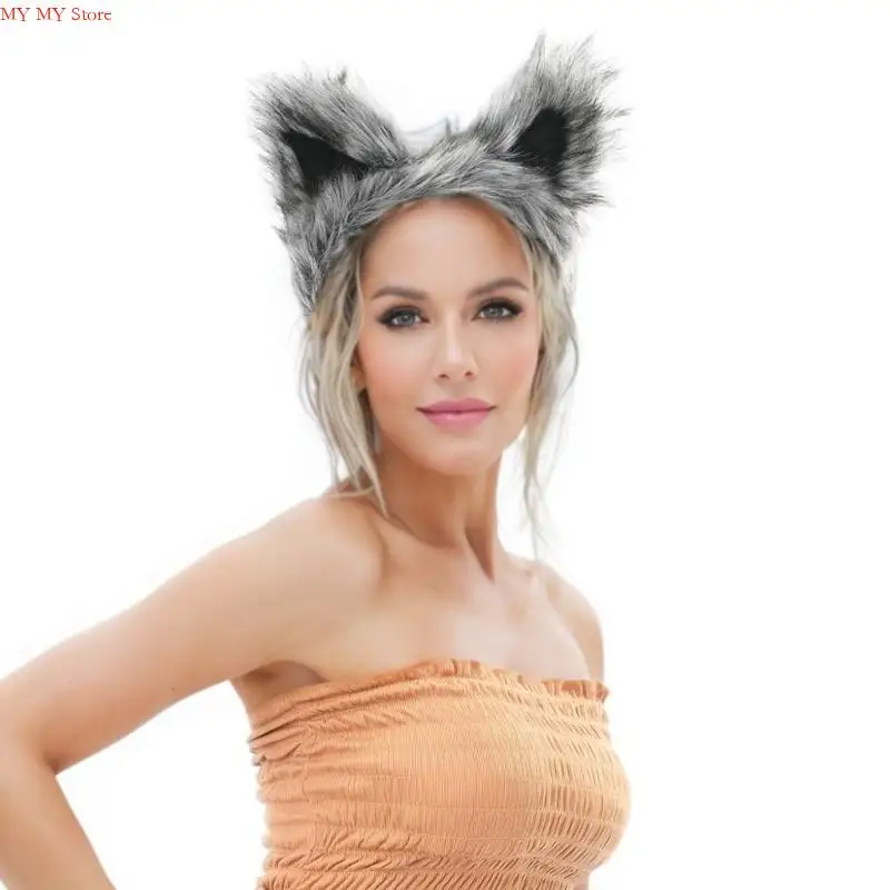N1HE Cats Foxes Faux Furs Ears Headband Halloween Fancy Dress Cosplay Costume Handmade Furry Animal Ears Hair Hoop Kid Adult