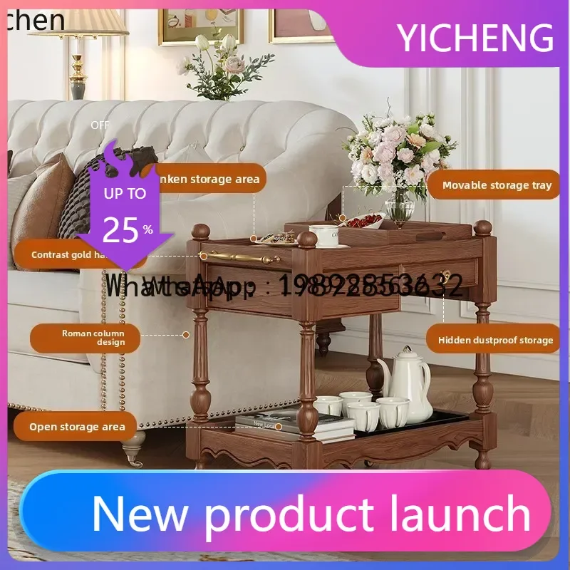 

Solid Wood Side Table Movable Sofa Side Table Living Room Bedroom Vintage Small Cart