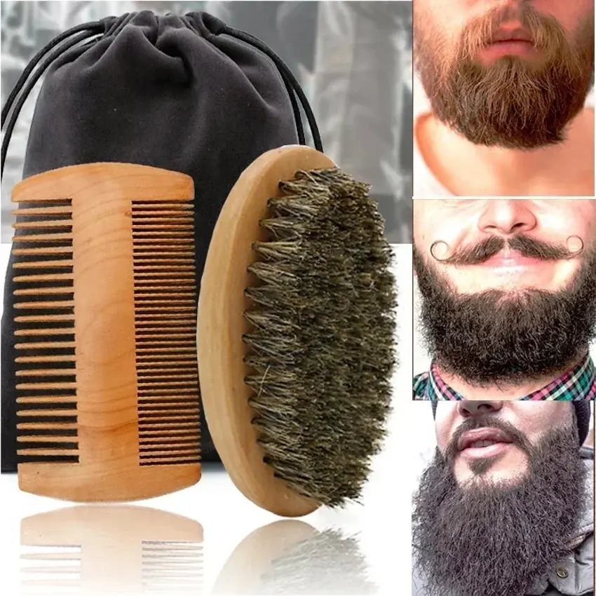 Professional Soft Boar Bristle Wood Beard Shaving Brush Men Mustache Comb Kit With Gift Bag Hairdresser Brush Hair Combs