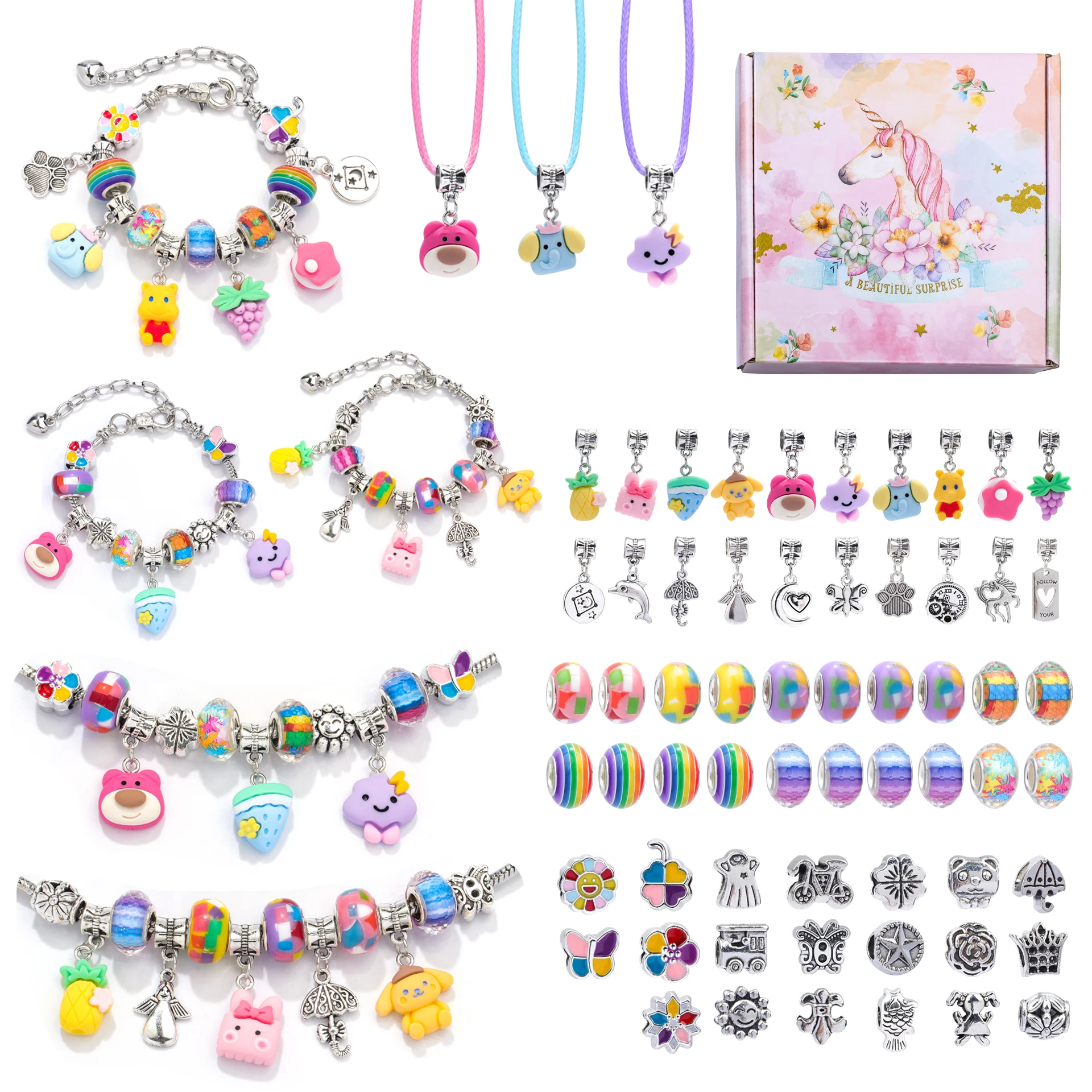 Children's Jewelry Gift Box Set3D Crystal Resin Handmade DIY Cute Pendant Beaded Children's Bracelet Necklace