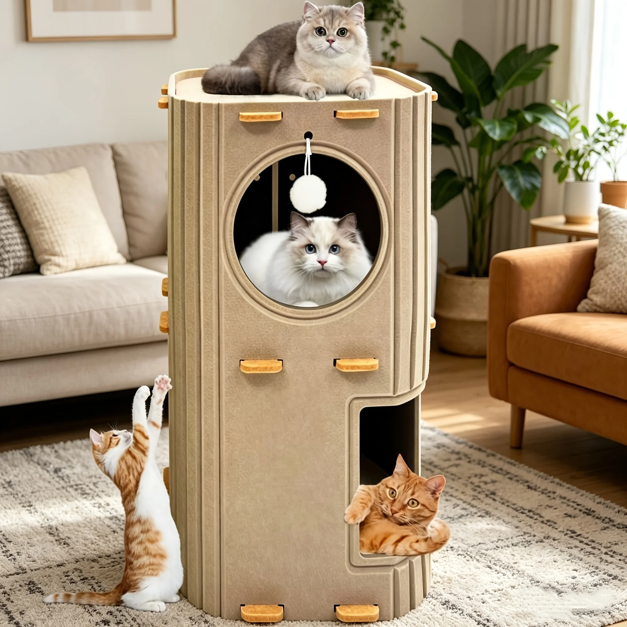 

Cat House for Indoor Cats, 2-Storey Cozy Felt Cat Bed Cave with Tunnel Hideaway, Large Multi-Cat Condo for Rest & Play