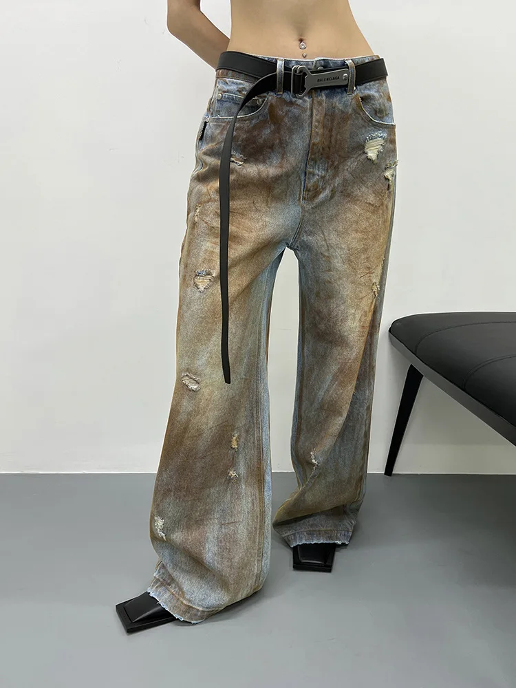 2024 New American Vintage Loose Wide Leg Straight Jeans Women Fashion Hand Painted Yellow Mud Denim Pants s801