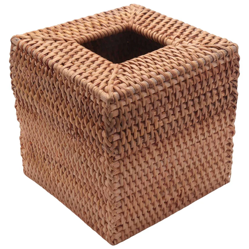 Square Rattan Tissue Box Cover, Hand Woven Wicker Tissue Holder, 5.7 x 5.7 x 5.7 Inches, Wood Color