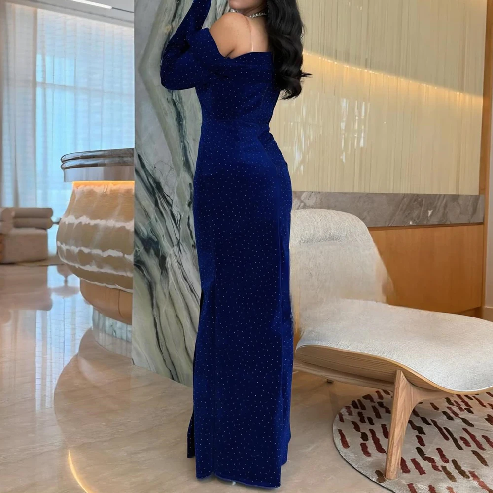 Maßgeschneiderte A-Linie-Abendkleider, bodenlang, schulterfrei, volle Ärmel, Abendkleid, modisches, schlichtes, drapiertes Partykleid mit Pailletten