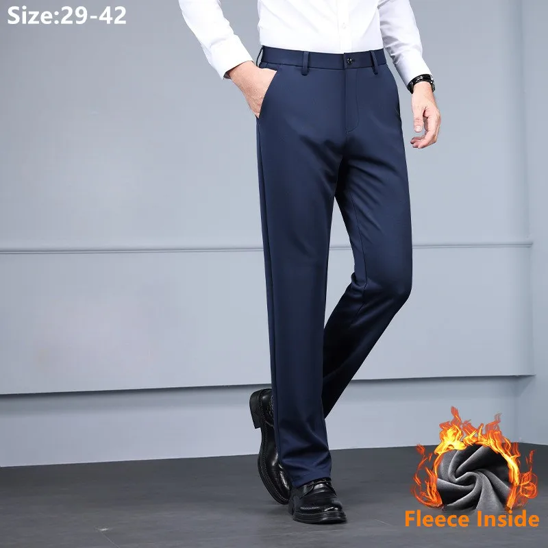 

Fleece Suit Pants Men Autumn Winter Straight Plus Size 40 42 Thicken Office Warm Loose Business Male Formal Trousers