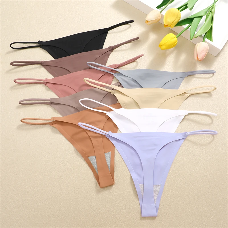 FINETOO 3PC/SET Seamless Low Waist Panties for Women Sexy Solid Color Ice Silk Thongs Female Comfortable Traceless Bikini T-back