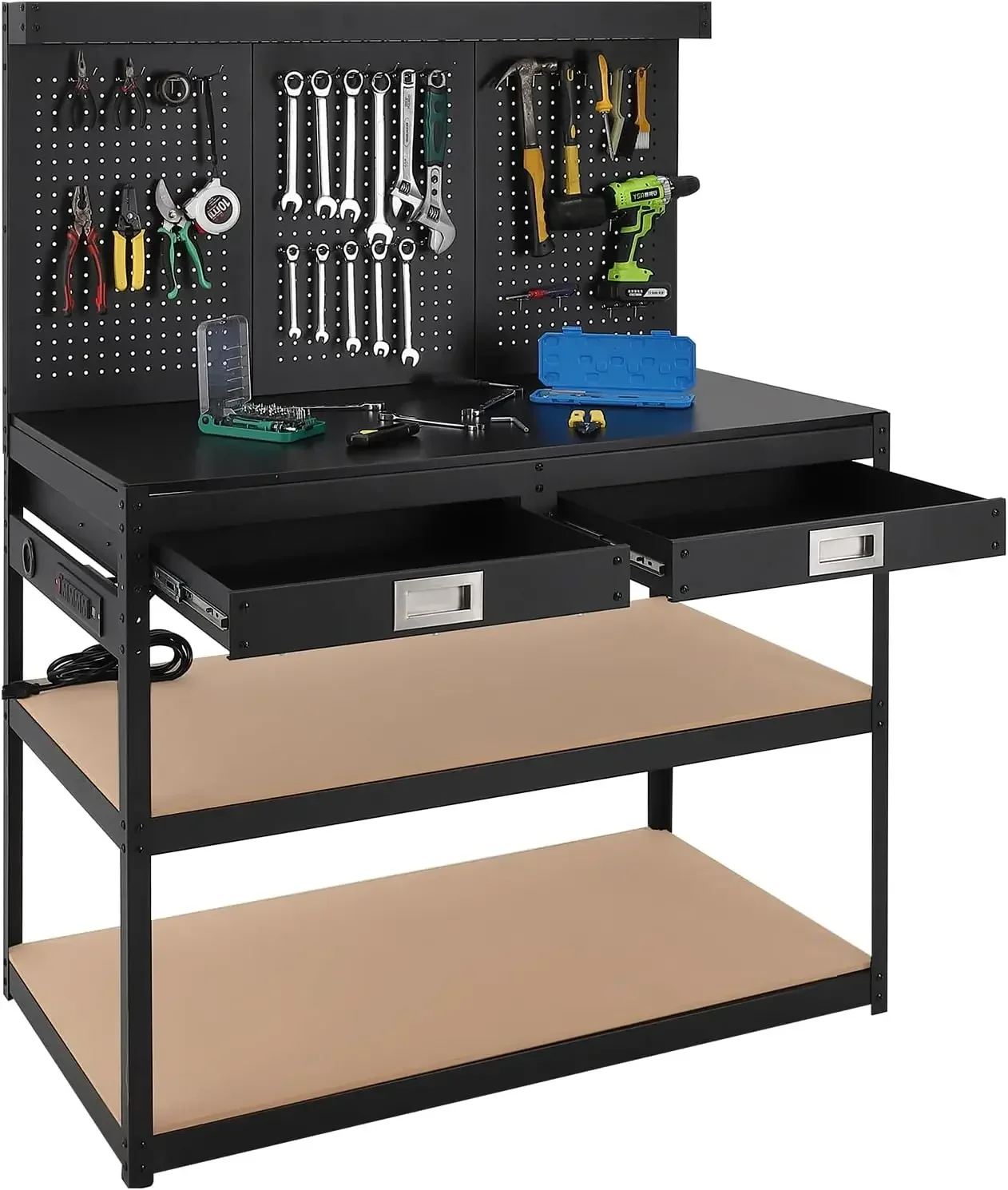 Bench for Garage,Workshop Heavy Duty Steel Workbench with Outlets,2 Drawers & 3-Level Garage Workbench with Pegboard,Durable 0.4