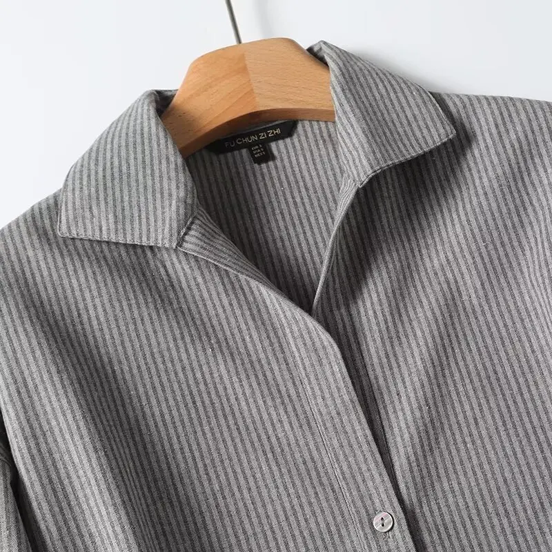 

2024 Autumn New Women's Commuter Sle ey Stripe irt Collar Long Sve Loose Fit Regular Length Other Material 00