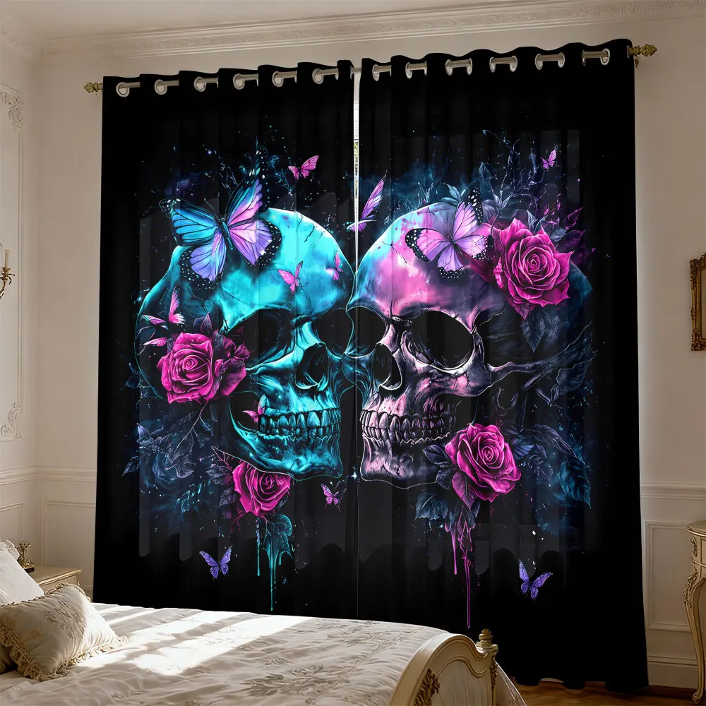 2pcs Night Rose Butterfly Skull Head Curtains for Blocking Light, Perfect for Bedrooms and Home Fashion Decoration
