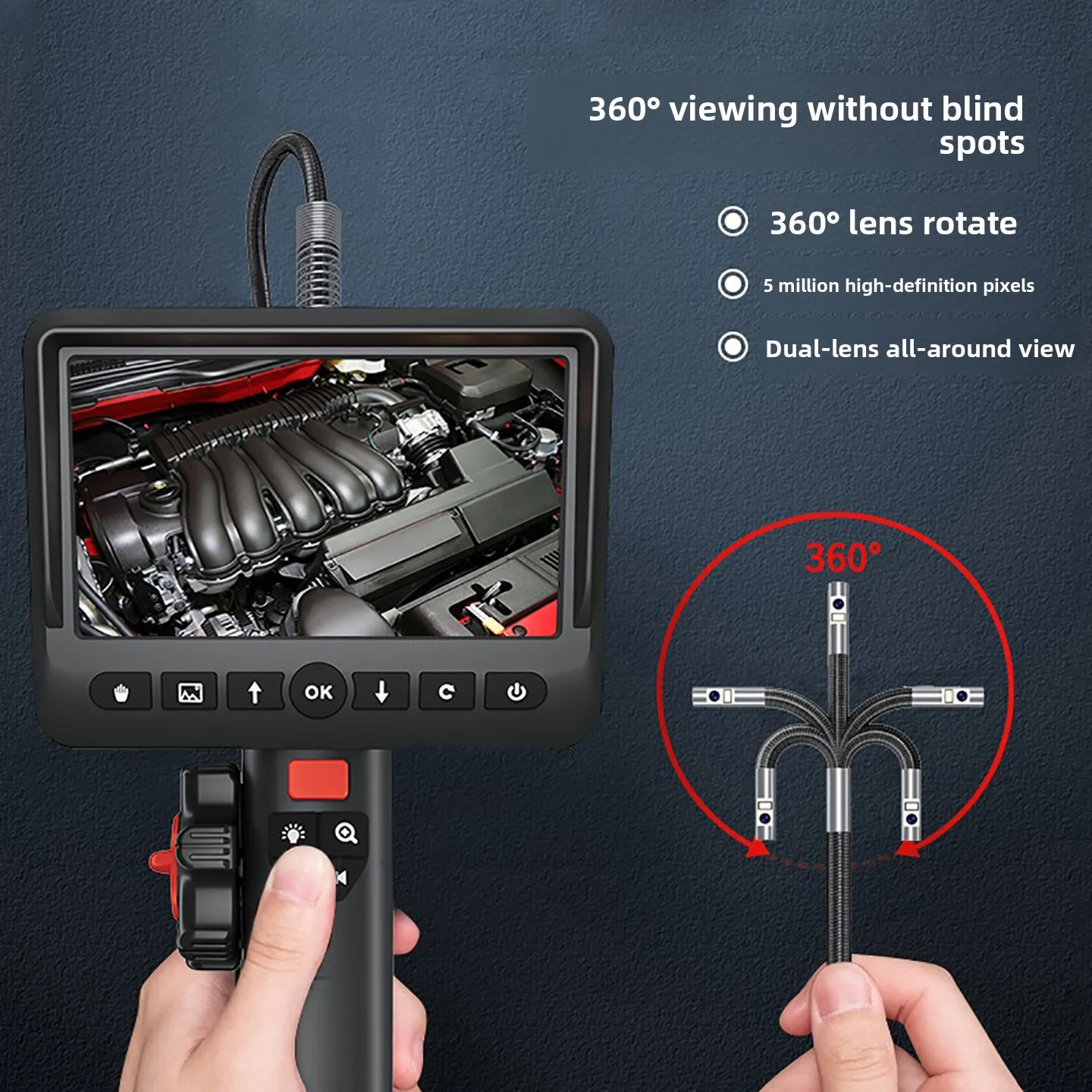 360° Rotation Industrial Borescope HD Dual Lens with Screen for Pipe Inspection