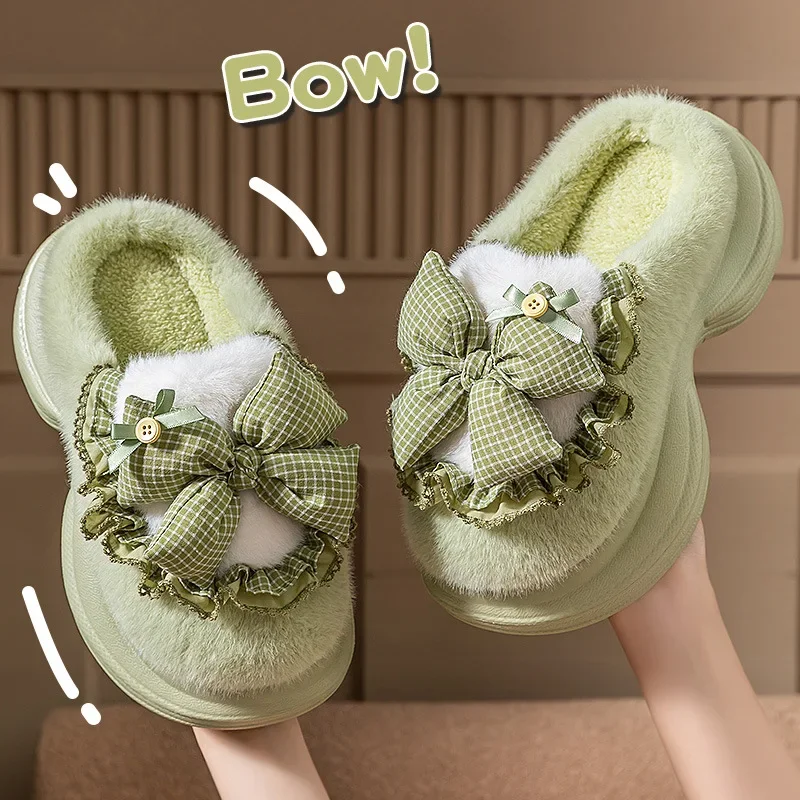 

Women's Plush Slippers Winter Warm House Cotton Shoes Fashion bow Thick Sole for Indoor Outdoor Cozy Non-Slip warm Home Footwear