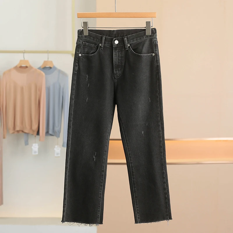 

Simple Casual Straight Leg Jeans Denim Pants Brand Buckle Women's Fashion Spring New Arrival Long Cotton Elastic Fabric