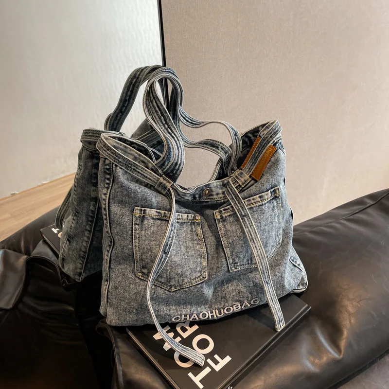 Japanese minimalist denim bag, female letter printed canvas bag