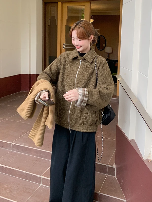 Damski płaszcz wełniany w kratę, ocieplany, jesienno-zimowy, nowy, do pracy, prosty krój, wersja koreańska, Jaet