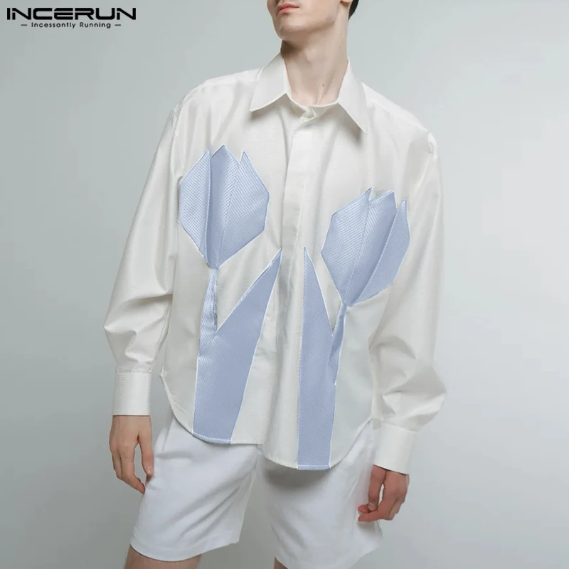 

Fashion Well Fitting Tops INCERU New Men's Floral Print Splicing Contrast Color Shirt Casual Male Lapel Long Sleeved Blouse 2024