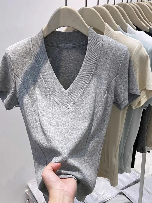 Aesthetic Short Sleeve V-Neck Pure Cotton T-Shirt Women's Slim Fit Summer Top Korean Style Commute Wind Fishbone Waist Shaping