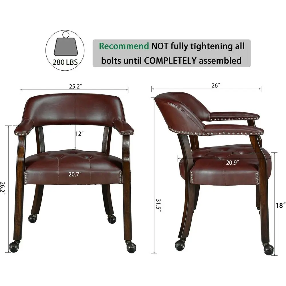 Dining Chair with Casters & Arms, PU Poker Chairs, Wine Red | Kitchen Table Rolling Chairs with Wood Legs, Dining Armchair with