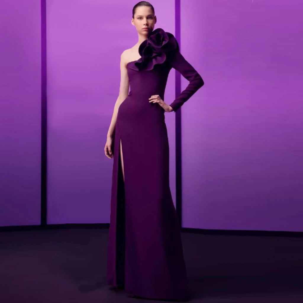 

One Shoulder Long Sleeve Floor Length Straight Ruffles Evening Dresses For Women Elegany Matte Satin Dress Custom Made Elegant