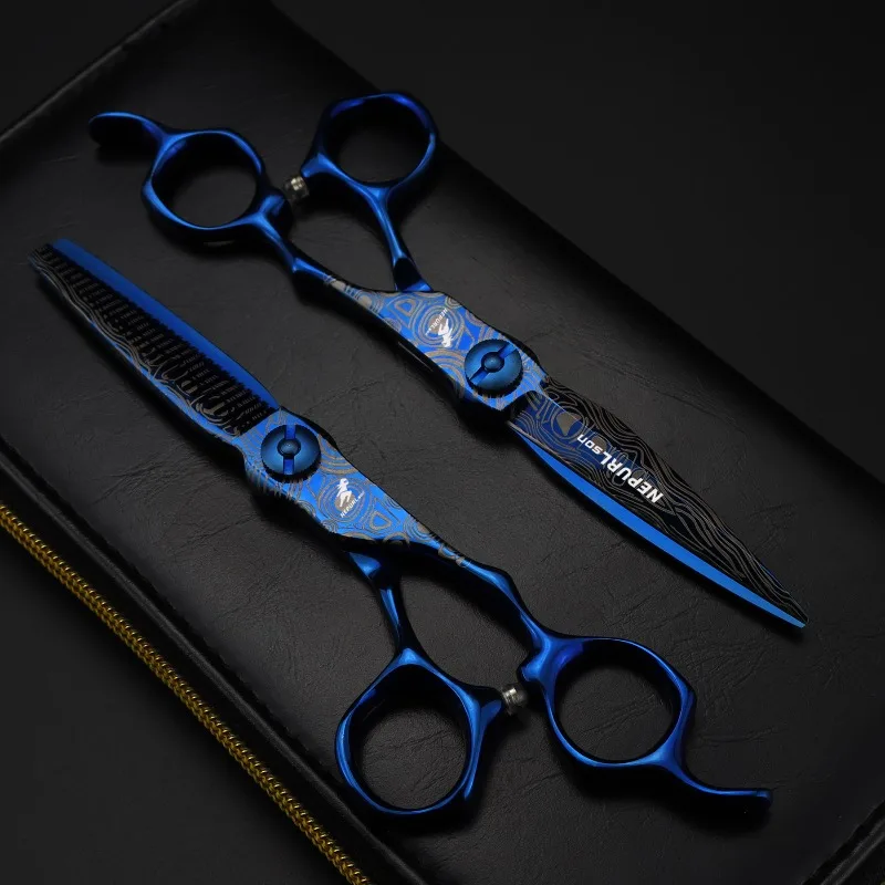 NEPURLson 6.0inch JP440C blue damascus adjustable high screws hair scissors  for the right hand, sharp and durable