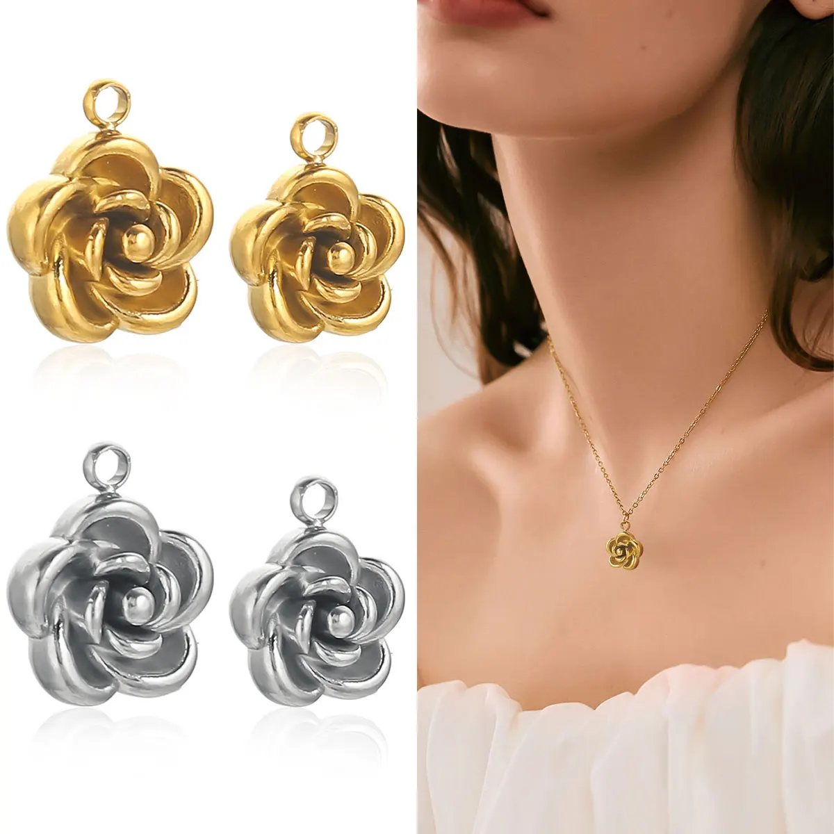 5pcs 8/10mm Stainless Steel Plated Gold 18k Rose Flower Charm Waterproof DIY Necklace Bracelet Earrings Jewelry Making Wholesale