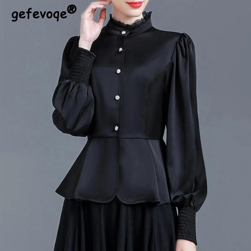 Spring Autumn Women Satin Elegant Ruffled Lace Patchwork Shirts Office Lady Business Casual Blouses Black Long Sleeve Slim Tops