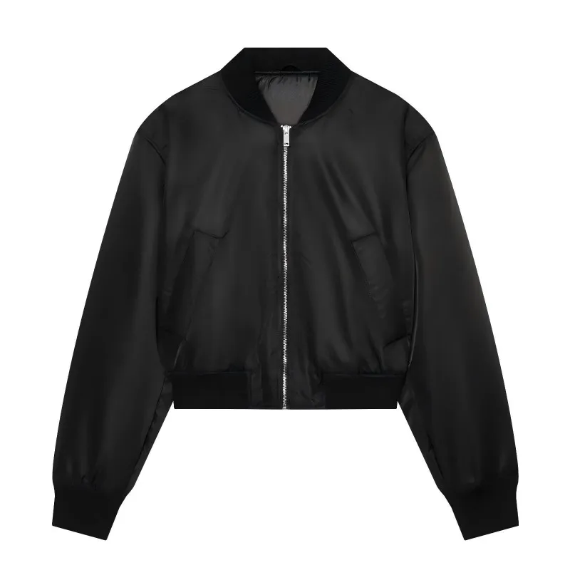Women Black Bomber Jacket Padded Shoulder Zip Up Coat Vintage Satin Flight Jacket Loose Streetwear Autumn Winter Outerwear