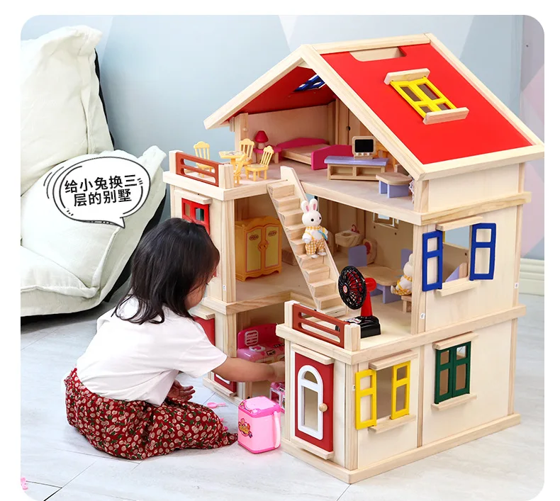 [Funny] Wooden simulation Three story luxury villa Kitchen dollhouse The Rabbit Family Play house toys for girl birthday gift