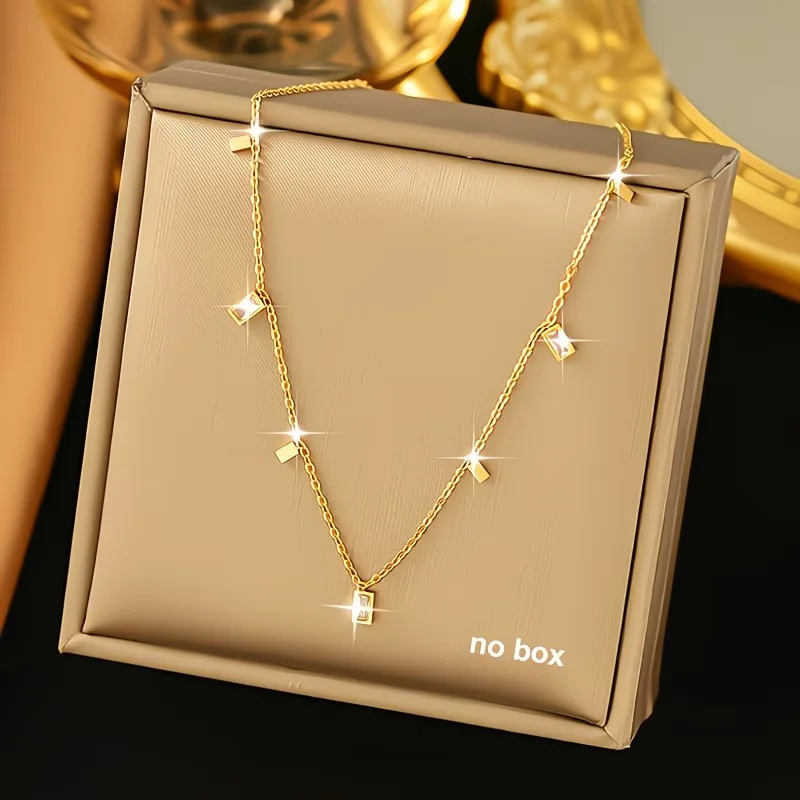 1pc Square CZ Pendant Clavicle Necklace for Women Stainless Steel Fashion Necklace for Evening Parties Weddings and Dates