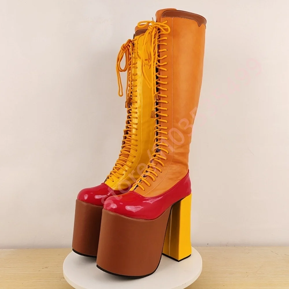 

Сценические ботинки на платформе в стиле панк с перекрестными ремешками, новинка 2025, модные женские круглые ботинки на массивном высоком каблуке, разноцветные повседневные длинные ботинки для вечеринок