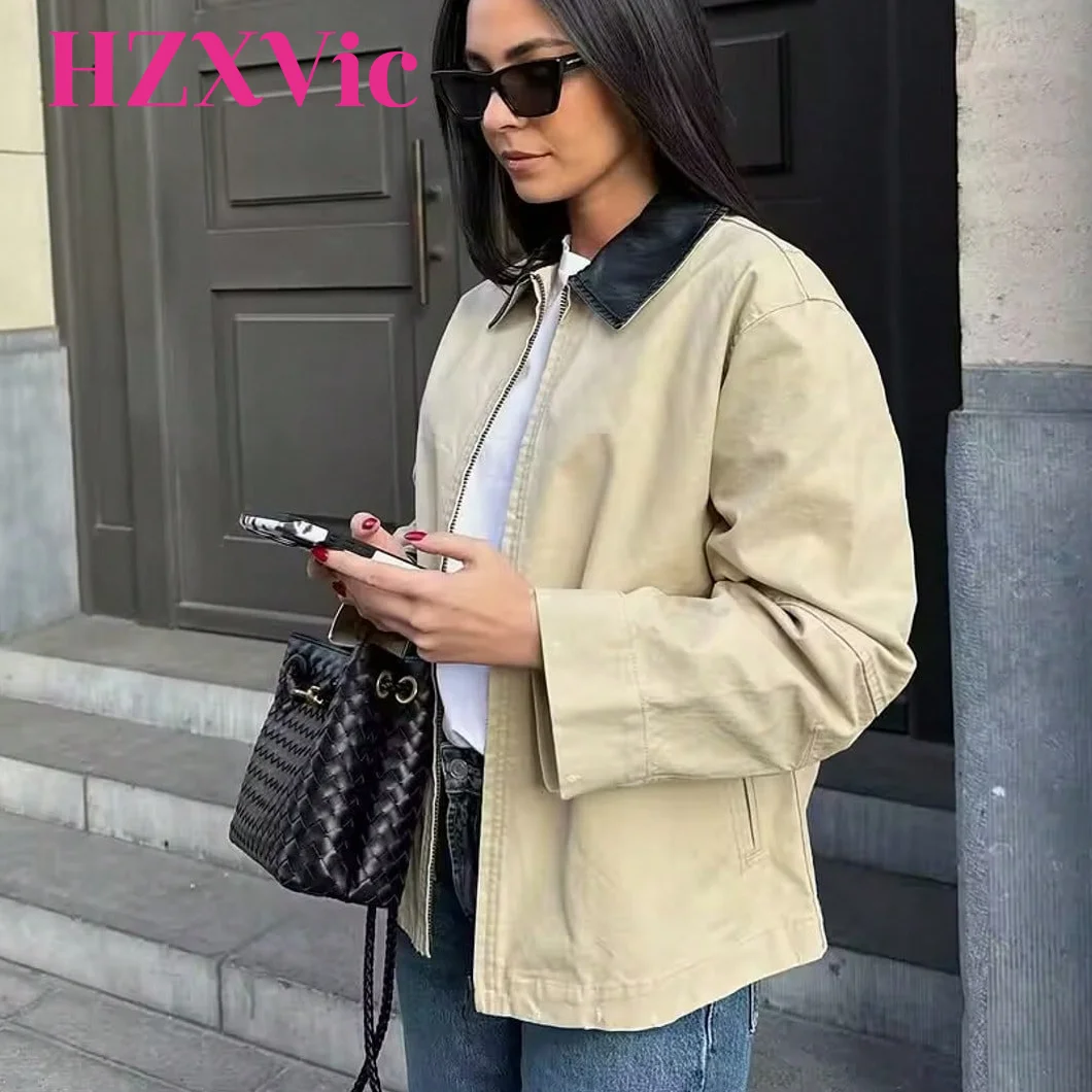 

HZXVic Women's Stylish PU Leather Khaki Jacket New High-end Texture Two-color PU Leather Stitching Lapel Coat Fashion Jacket