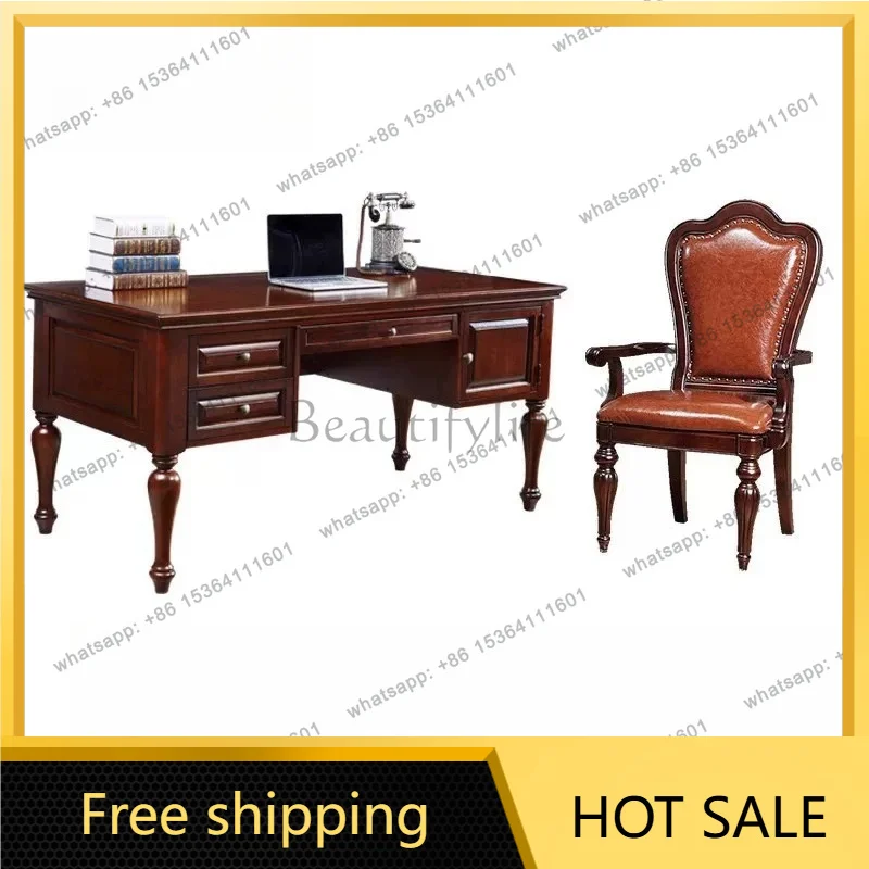 American-style solid wood desk, home office desk, walnut color, European boss study vintage desk