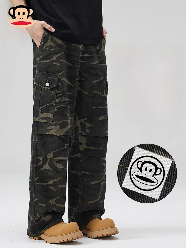 

PaulFrank Camouflage Work Pants Men's Spring Autumn American Retro Multi-ket Paratrooper Casual Pants Loose Fit Zipper Wai...