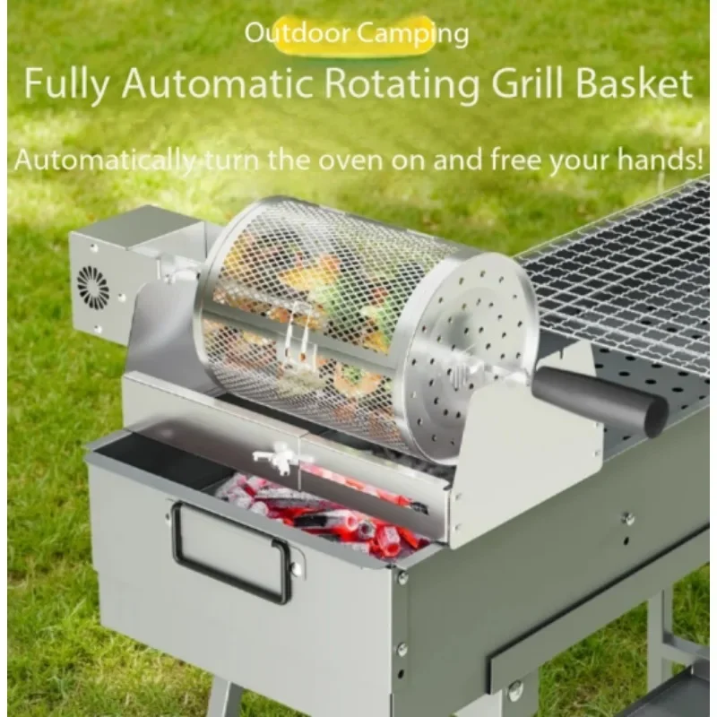 Automatic Rotating BBQ Grill Cage - Round Rolling Grill Basket, Cylinder Smoker Mesh for Barbecue