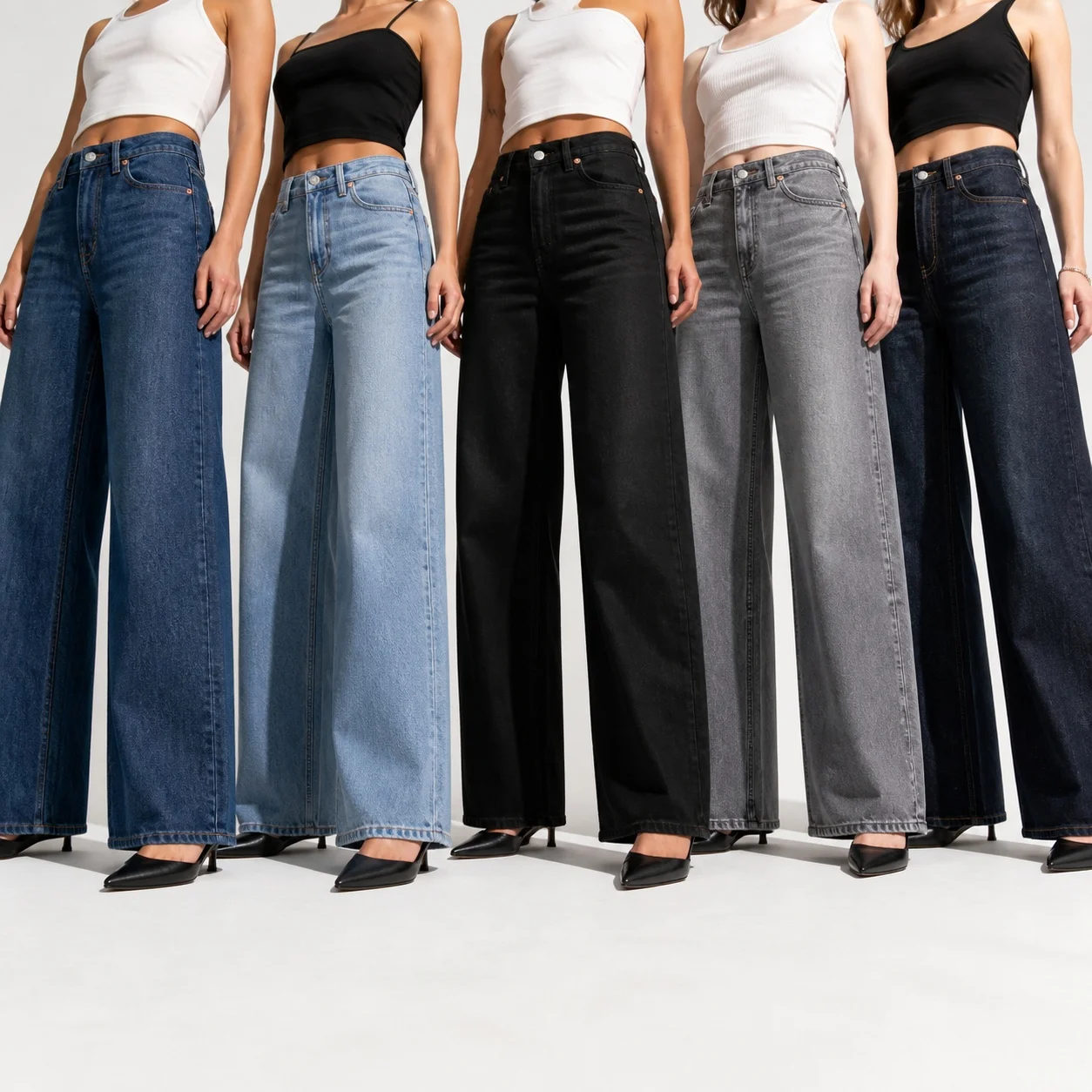 Women's Baggy Mid Waist Straight Leg Patchwork Washed Long Distressed Jeans with Zipper Fly and Raw Hem Women Double Placket