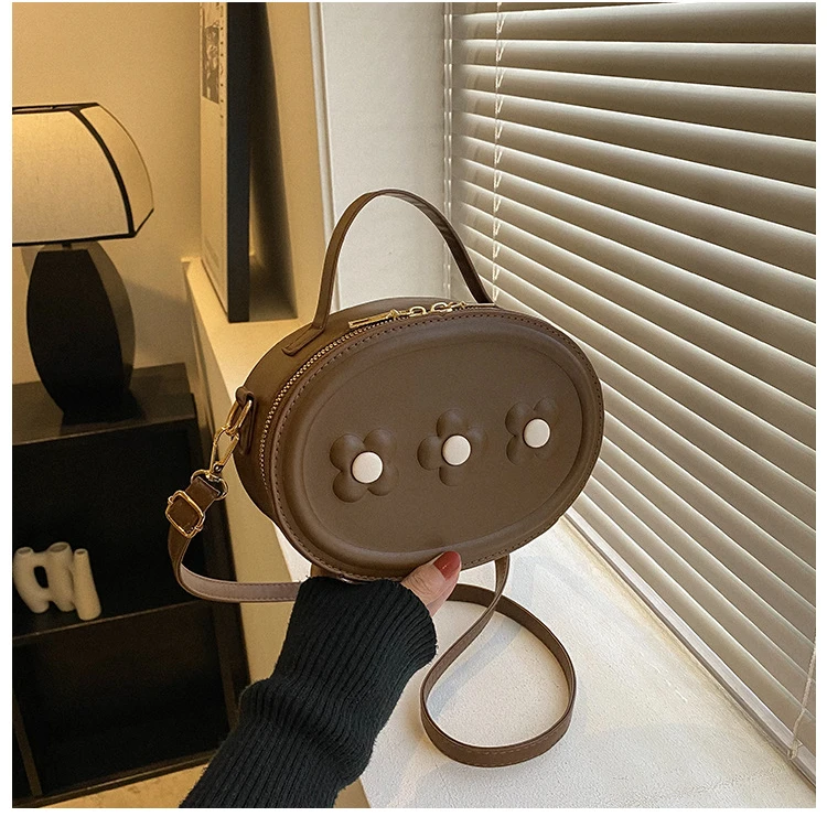 PU Round Shoulder Bags Trendy Leisure Commuting Adjustable Crossbody Simple Cute Flowers Design Shoulder Women's Bags