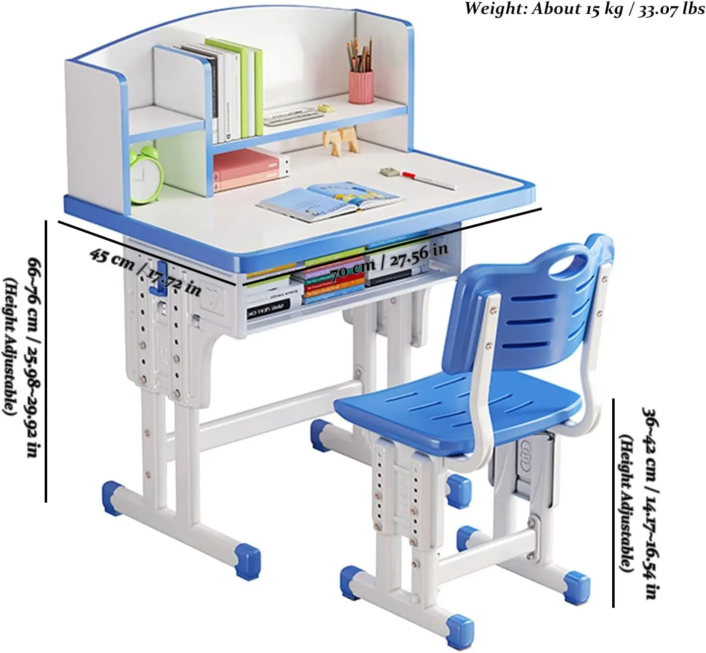 Kids' Study Desk Chair Sets, Blue, Adjustable Height, Ergonomic Design, with Large Storage Drawer and Bookshelf, Suitable