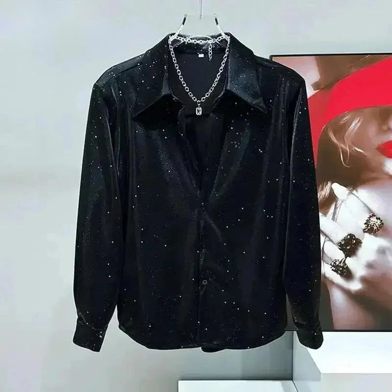 New Men's Shirt Loose Korean Fashion Starry Sequin Long Sleeved 2025 Turn-down Collar Male Tops New Fashion DFE4