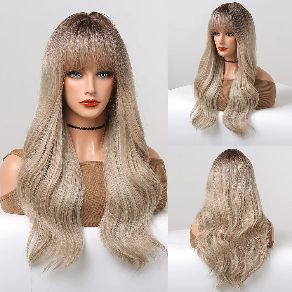 24 Inch Synthetic Wig Women's Wig Light Brown Long Wavy Hair Wig with bangs Fashion Daily Party Cosplay Wigs