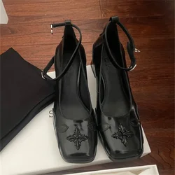 Lolita Vintage Gothic Style Y2K Square Headed Thick Heels Cross High Heels Women's New One Line Buckle Mary Jane Single Shoes