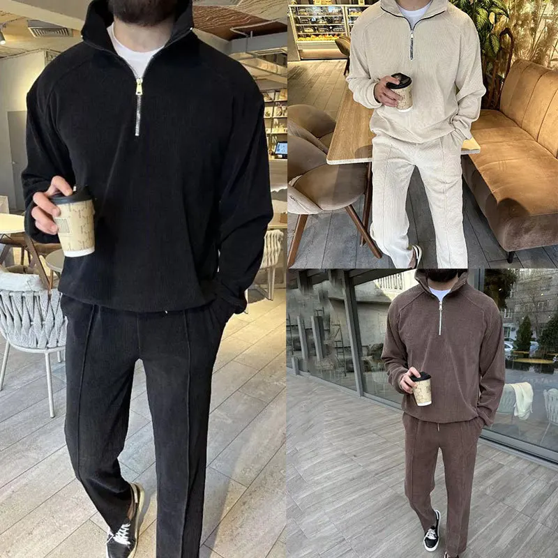 Frühling Herbst Herren Cord Zweiteiler Set Stehkragen Halb-Reißverschluss-Pullover Passende Hose Europäisch-Amerikanischer Trendiger Loser Lässiger Outfit – Detail 6