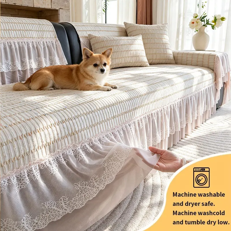 1PC-Suitable for warm rural style, paired with lace skirt edge sofa cushion,Pet Friendly,Non‑slip, Furniture Protection