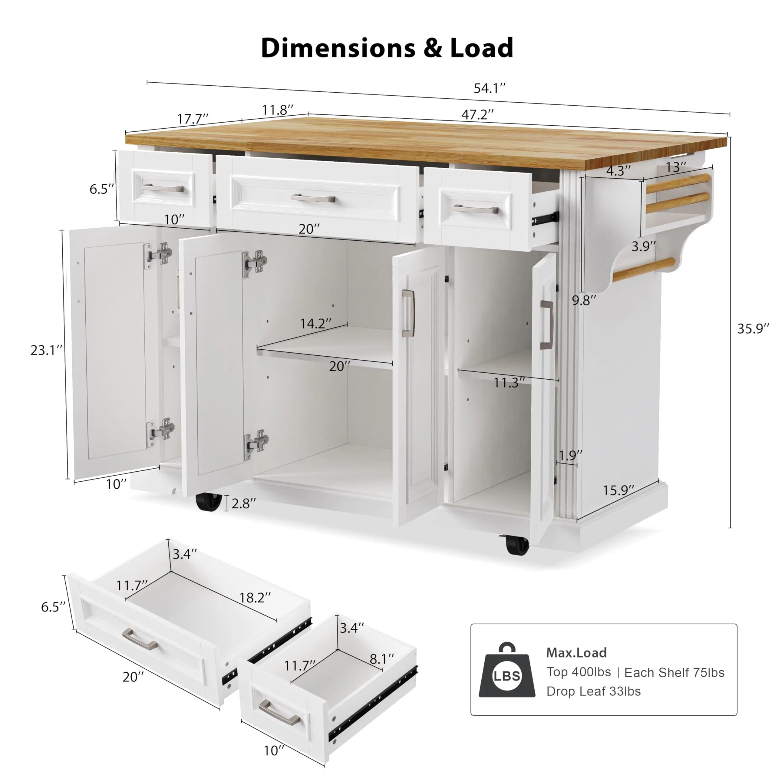 Large Kitchen Island with Rubber Wood Drop Leaf and Silver Handle