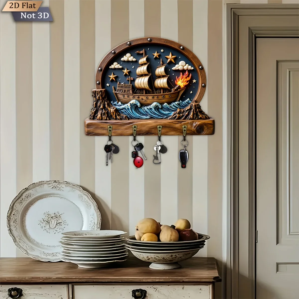 2D Flat, 1pc, Pirate Ship Themed Style Key Hook, Wooden Multi-functional Home Key Rack, with four metal hooks, Wall Decor,