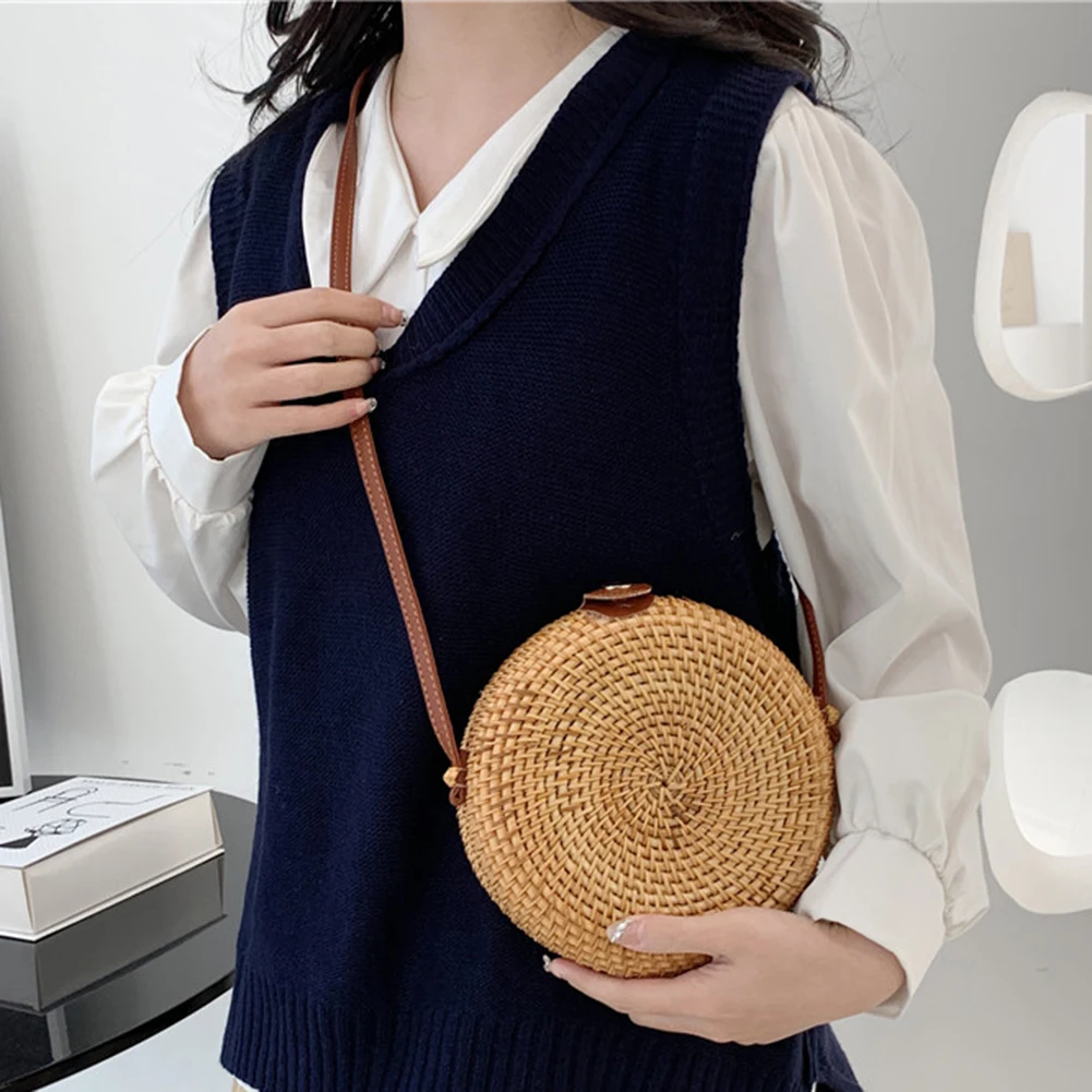 Handwoven Crossbody Bag Adjustable Strap Rattan Composite Shoulder Bag Large-capacity Portable Storage Ladies Shopping Trip