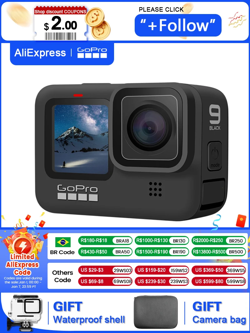 كاميرا GoPro HERO 9 Black Action 4K 5.2K فيديو 20 ميجابكسل مع شاشة أمامية ملونة خوذة حية Go Pro 9 كاميرا رياضية #1