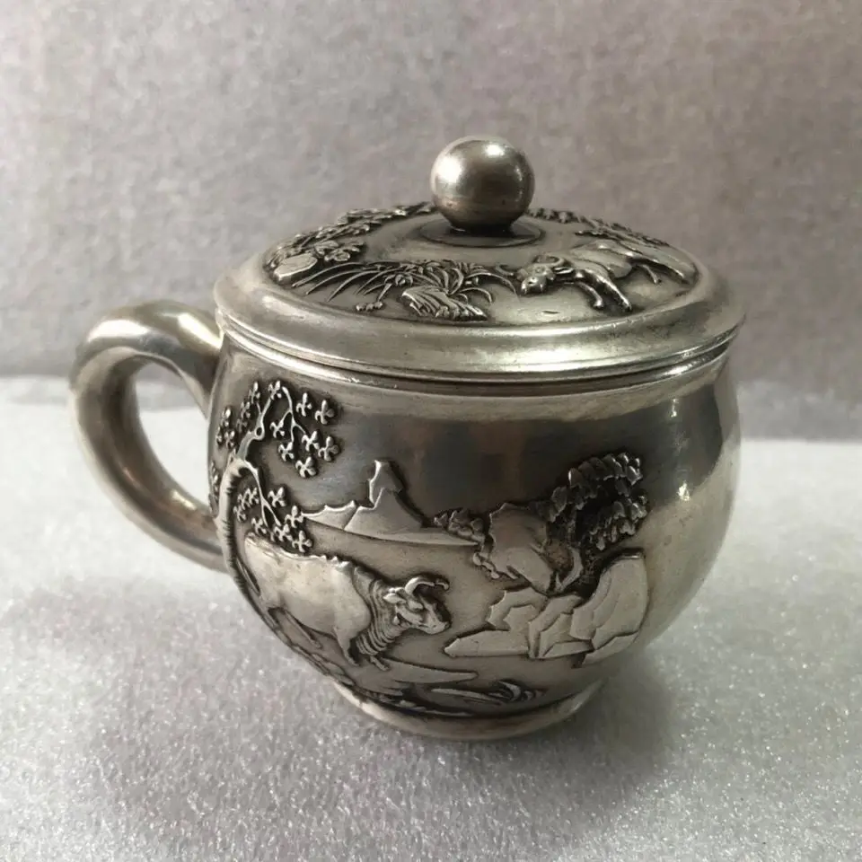 Retro cattle ranching landscape painting Teapot Ornament Decoration Tea Pet Figurines Desk Decor Accessories