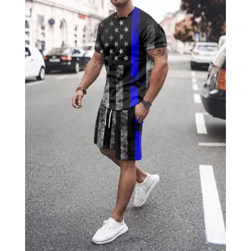 Men\'s Summer American Flag Tracksuit Sets 3d Printing Tshirt +Shorts Outfit Independence Day Sports Suit Men Clothes US Sizes